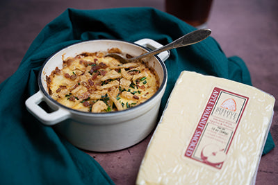 Apple Walnut Smoked and Caramelized Onion Dip topped with fried onions