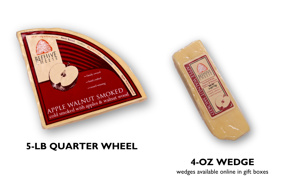 5-lb quarter wheel of Apple Walnut Smoked and a 4-oz wedge of Apple Walnut Smoked that reads "wedges available online in gift boxes"